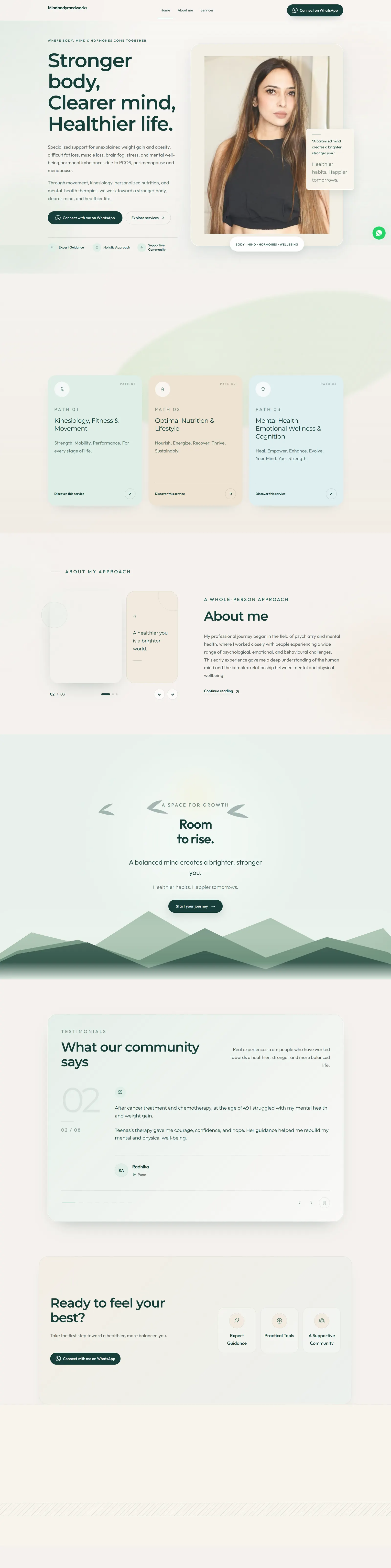 The Mindbodymedworks homepage, from hero to footer